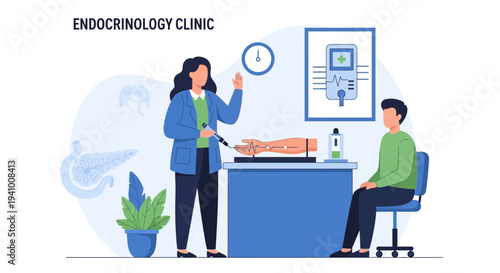 Endocrinology Clinic: Doctor Demonstrating Insulin Pump Therapy to Patient