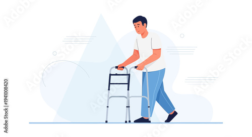 Elderly man walking with a walker, symbolizing recovery, rehabilitation, and support