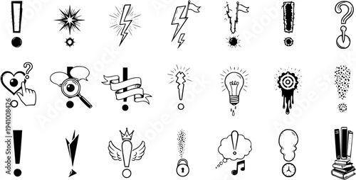 Creative collection of hand-drawn stylized exclamation and question marks for unique design elements, ideas, warnings, and notifications.