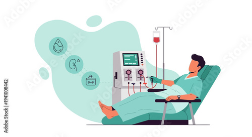 Kidney dialysis patient undergoing treatment with modern medical equipment in a clinic