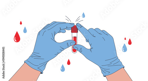 Hands in blue gloves holding blood sample vial, surrounded by red and blue drops