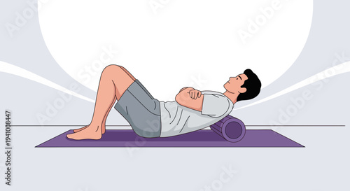 Man doing back massage with foam roller on yoga mat, physical therapy exercise