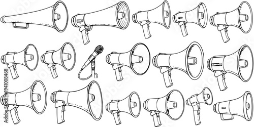 Hand-Drawn Sketch Collection of Various Megaphones and Microphone for Protest and Announcement