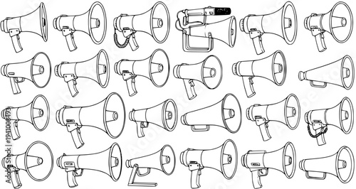 Seamless Pattern of Hand-Drawn Megaphones and Loudspeakers in Black and White Line Art Style for Communication, Protest, and Announcement Themes