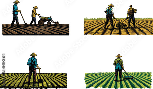 Agricultural workers in field, farming tools, crop inspection, soil cultivation, teamwork in agriculture, rural labor, seasonal harvest, sustainable farming, vector illustration