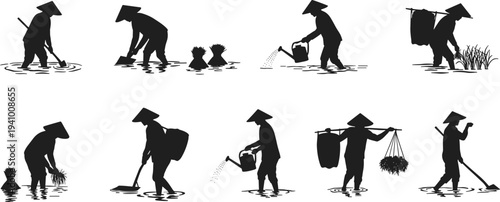 Agricultural worker silhouettes, traditional Asian farming, conical hats, planting, harvesting, watering crops, rural labor, black vector icons, farming sequence illustration