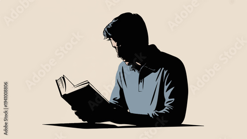 Man reading book in dim light focused on text relaxed and calm indoor setting