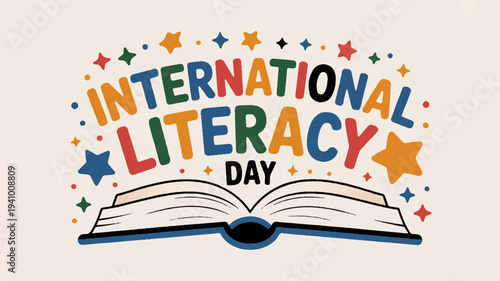International literacy day logo with colorful text and open book on beige background with stars