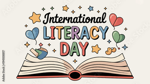 International literacy day graphic with colorful text and symbols around an open book icon