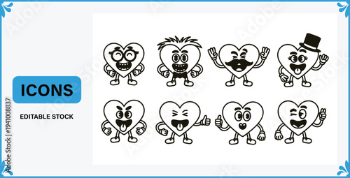 Collection of various cartoon hearts with different expressions and posesicons