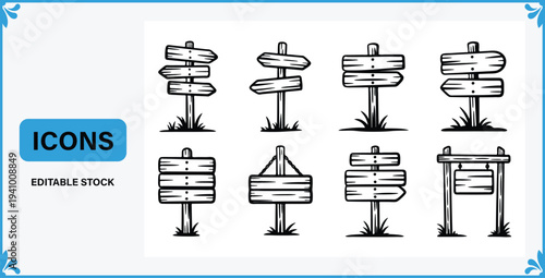 Collection of wooden signposts with grass on white background  various directional signs