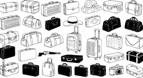 Vintage Luggage and Travel Gear Collection: Suitcases, Bags, Hat, and Camera
