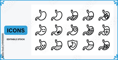 Editable stock icons of human stomachs with various conditions and symbols  medical illustrations for health and digestive system concepts
