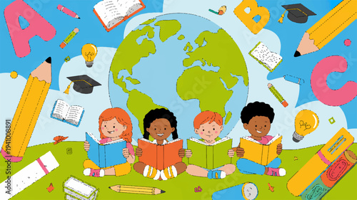 Diverse children sitting around globe surrounded by school supplies and education icons