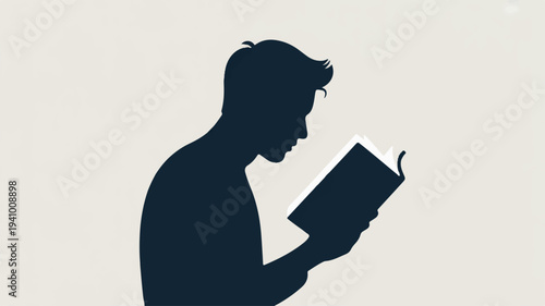 Man reading book in profile view dark blue silhouette against light gray background focused expression