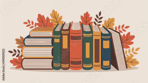 Stack of books with autumn leaves on a beige background symbolizing education and learning