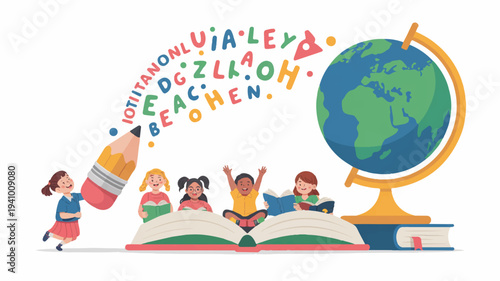 Children learning with globe books and colorful educational elements in classroom setting