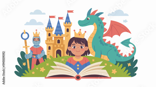 Little princess reads book with dragon and knight in castle background fantasy scene