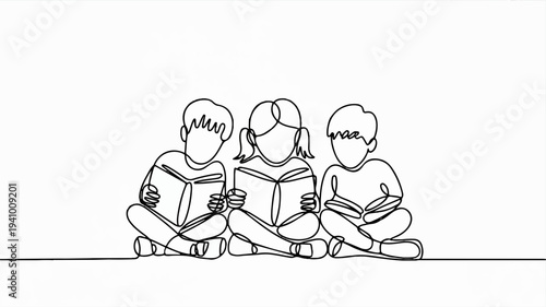 Three children sitting and reading books together in a line simple line drawing illustration