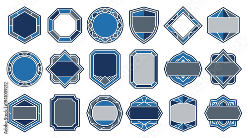 Modern flat corporate label templates set. Geometric frames and sleek badge shapes in blue color palettes, perfect for versatile branding and design projects