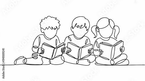 Three children reading books together sitting on floor in line education and learning concept