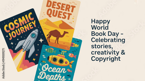Colorful book covers celebrating reading on world book day with space desert and ocean themes