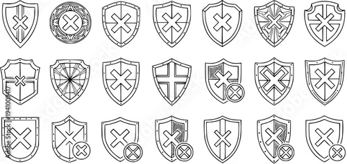Collection of 20 Hand-Drawn Shields with Cross Symbol and Variations