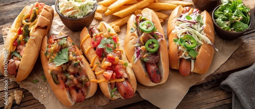 Gourmet hot dogs topped with cheese.