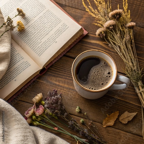 Cozy Coffee Flat Lay with Book and Dried Flowers