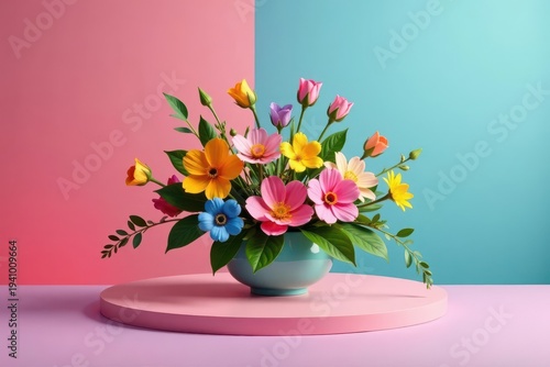 Vibrant floral arrangement in a teal bowl on a pink platform against a pastel backdrop