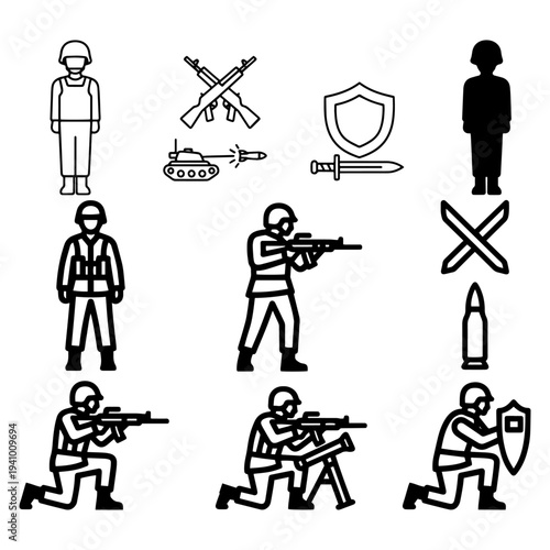 Military Soldier Fighting Positions and Battle Tank Silhouettes
