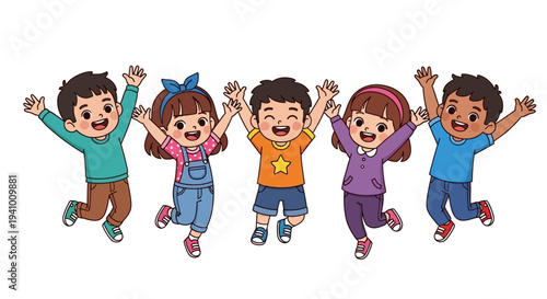 Five happy diverse children jumping together with hands raised in excitement and joy