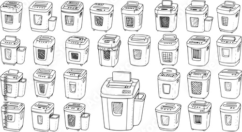 Diverse Collection of Hand-Drawn Paper Shredders in Various Styles