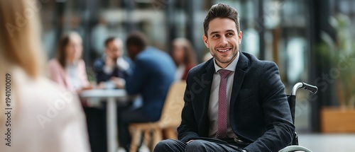 A confident business professional sitting in a wheelchair and smiling in a office meeting.