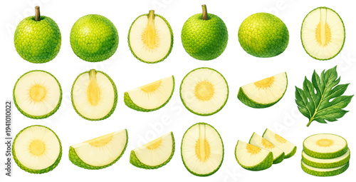 A charming watercolor collection of breadfruit featuring whole fruits, sliced pieces, and tropical leaves illustrated in a detailed botanical food style.