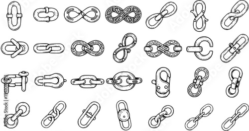 Hand Drawn Chain Links and Connectors Icon Set: Sketch Style Vector Illustrations of Metal Shackles, Fasteners, Infinity Symbols, and Industrial Elements.