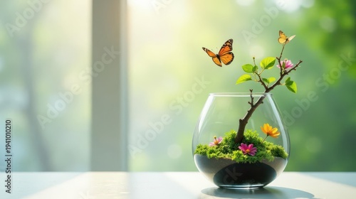 Tranquil Glass Terrarium with Blooming Branch and Graceful Butterflies near a Sunlit Window