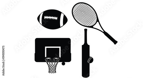 A collection of sports equipment icons in black and white