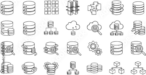 Black and White Line Art Icons of Database and Cloud Computing Technologies
