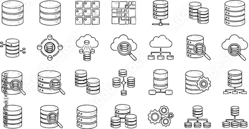 Technology and Data Management Hand-drawn Line Art Icons Set. Doodle Outline Collection of Database, Server, Cloud Storage, Network, and Analytics Symbols for IT and Business Concepts.