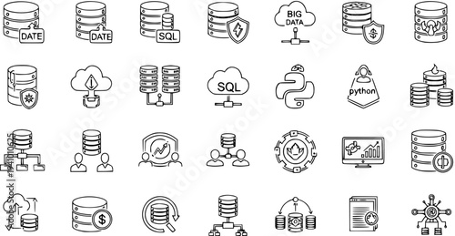 Database, Big Data, Cloud Computing, SQL, and Python Programming Line Icons Set for Data Management, Security, Analytics, and Technology Concepts