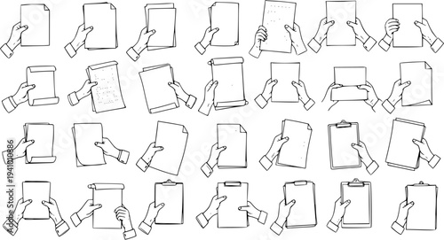 Detailed Hand-Drawn Line Art Collection: Hands Holding Various Documents, Papers, Scrolls, and Clipboards. Ideal for Office, Education, Business, and Communication Concepts.
