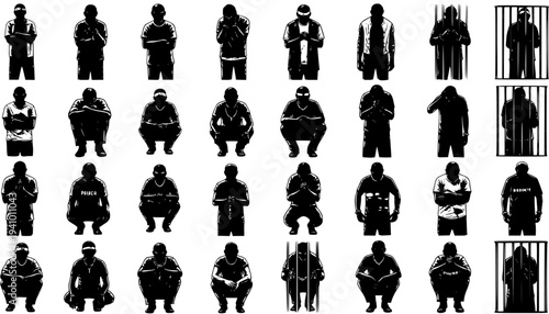 Silhouette Men Poses Collection, Criminals, Prisoners, Gangsters, Black  White Vector Art, Icons