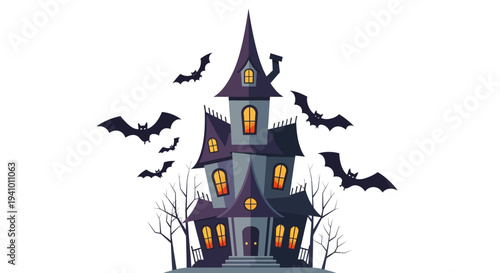 Vector haunted house icon with bats and trees