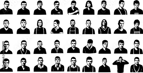 Black and White Vector Icons of Diverse Male and Female Faces and Avatars, Representing People and Professions