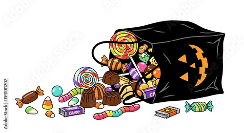 Halloween candy vector illustration with jack-o-lantern trick-or-treat bag