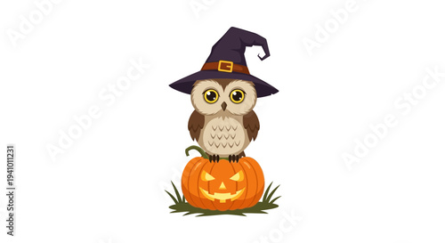 Halloween owl vector illustration, witch hat, jack o lantern