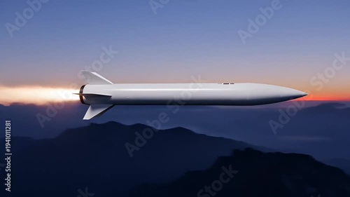 Hypersonic Missile Launching Over Mountain Range at Dusk.
