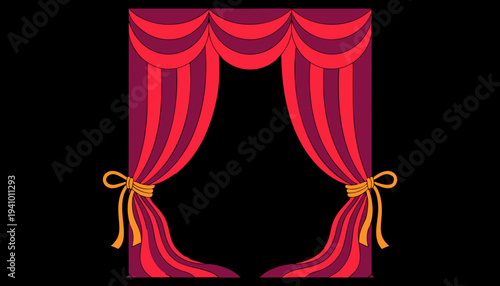 Vector illustration of curtains opening to reveal a stage with red drapes tied with golden cords