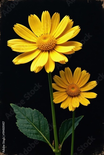 A vibrant duo of radiant yellow wildflowers, elegantly presented against a stark black backdrop, showcasing their delicate petals and deep yellow centers.